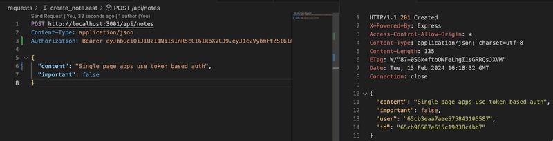 VS coden näkymä, joka kertoo että POST localhost:3001/api/notes pyyntöön mukaan on liitetty Authorization-headeri jonka arvo on bearer tokeninarvo
