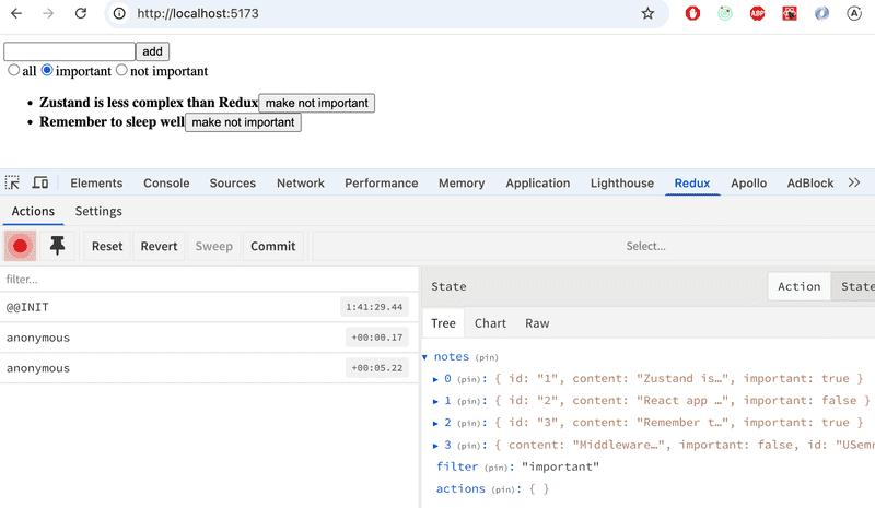 Redux DevTools view in browser: on the left a list of state changes, on the right the state contents in tree form