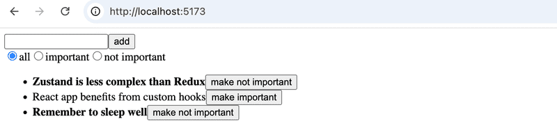 At the top of the page a form for adding a note (input field and an add button). Below that radio button selection for which notes to show, options: all, important and nonimportant. Below these all notes are rendered, with the text important next to notes marked as important.