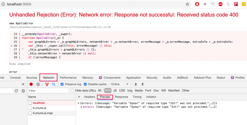 browser unhandled rejection and dev tools network and preview highlighted showing error message