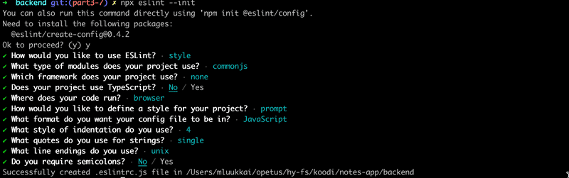 terminal output from ESlint init