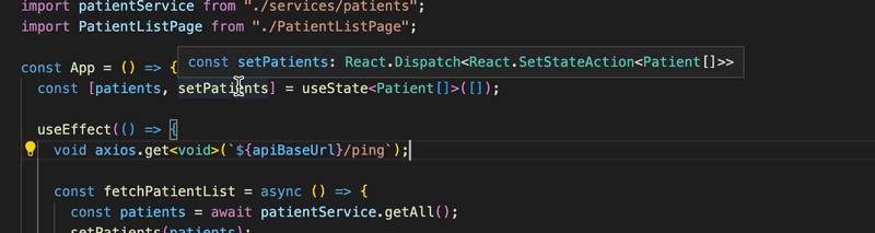 vscode mostrando array Patient como tipo para setPatients
