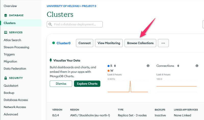 mongodb databases browse collections button