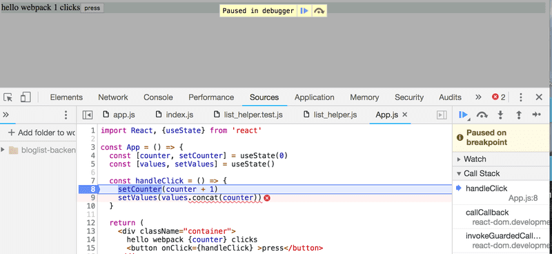 debugger de devtools pausado justo antes de la linea problemática