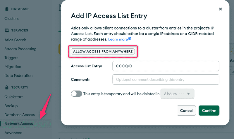 mongodb network access/add ip access list