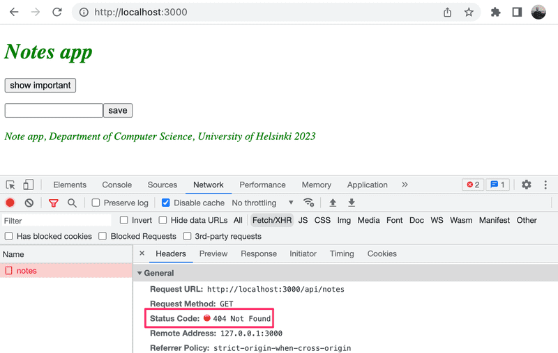 Network dev tools showing a 404 on getting notes