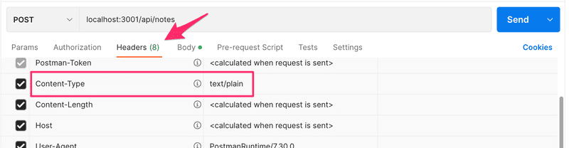 Postman mostrando cabeceras y Content-Type como text/plain