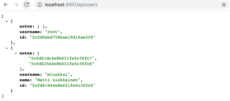 Selain renderöi osoitteessa localhost:3001/api/users taulukollisen JSON:eja joilla kentät username, name, id ja notes, jonka arvo on taulukko muistiinpanojen id:itä