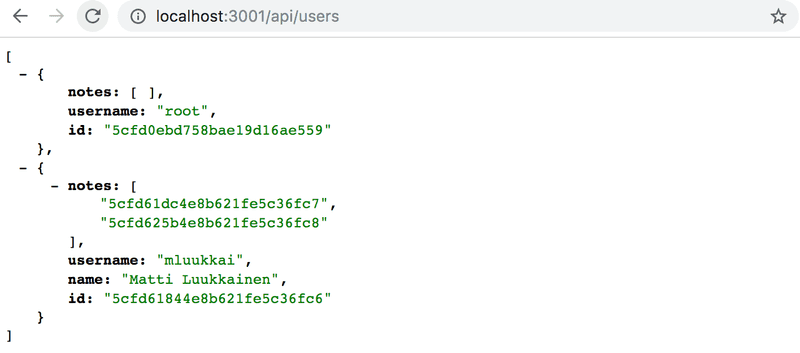 api/users returns JSON with users and their array of notes