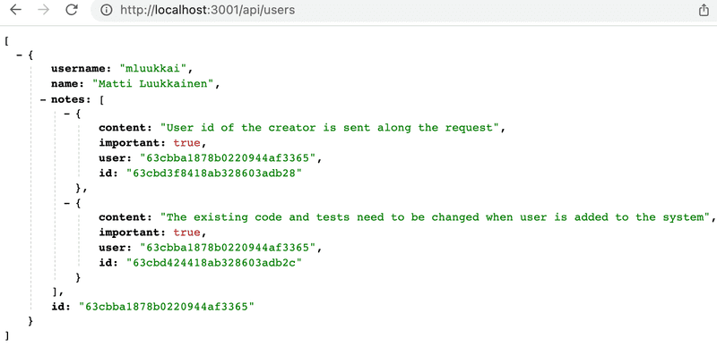 JSON data showing populated notes and users data with repetition