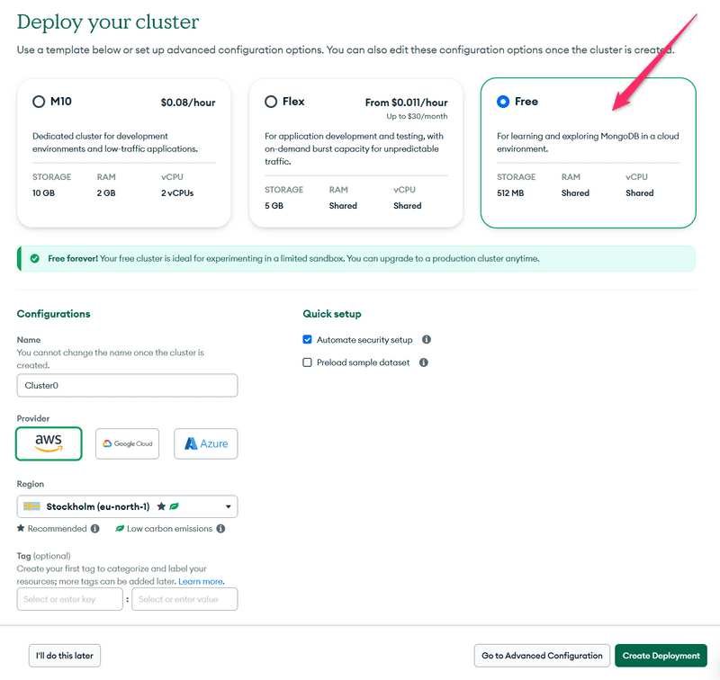 选择共享、AWS 和区域的 MongoDB