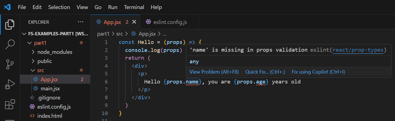 Captura de pantalla de vs code mostrando un error de eslint: "name is missing in props validation"