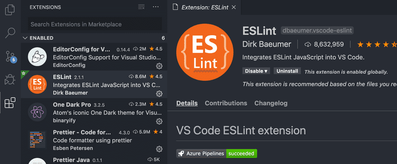 Visual Studio Code ESLint extensions