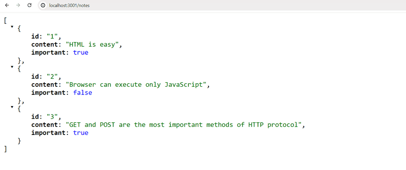 notes on json format in the browser at localhost:3001/notes