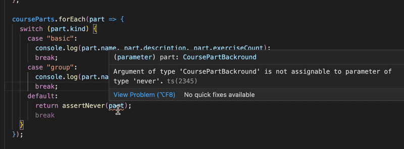 error de vscode: Argumento de tipo CoursePart no es asignable al tipo never