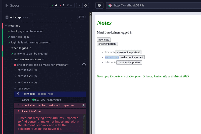 cypress showing test is broken trying to click make important