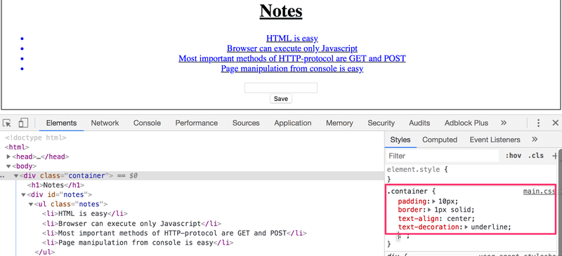 developer tools elements tab showing CSS rules applied to container class