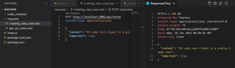 sample post request in vscode with JSON data