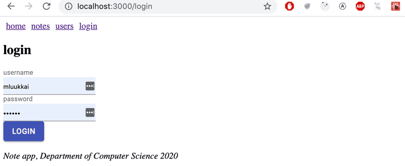 formulario de login de material UI en la aplicación de notas