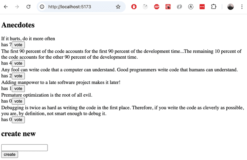 The application renders anecdotes. Each anecdote also shows the number of votes it has received and a vote button