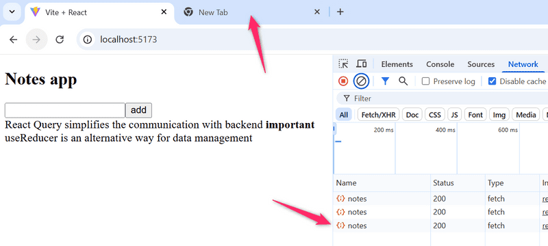 dev tools notes app with an arrow in a new tab and another arrow on console's network tab over notes request as 200