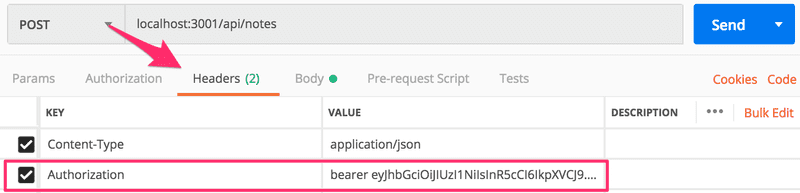 postman ajoutant un jeton bearer